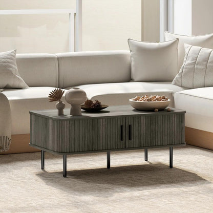 HOMCOM Coffee Table with Storage, Living Room Table with Slatted Tambour Sliding Doors and Adjustable Foot Pads, Rectangular Coffee Table with Elevated Base for Living Room Additional View 10