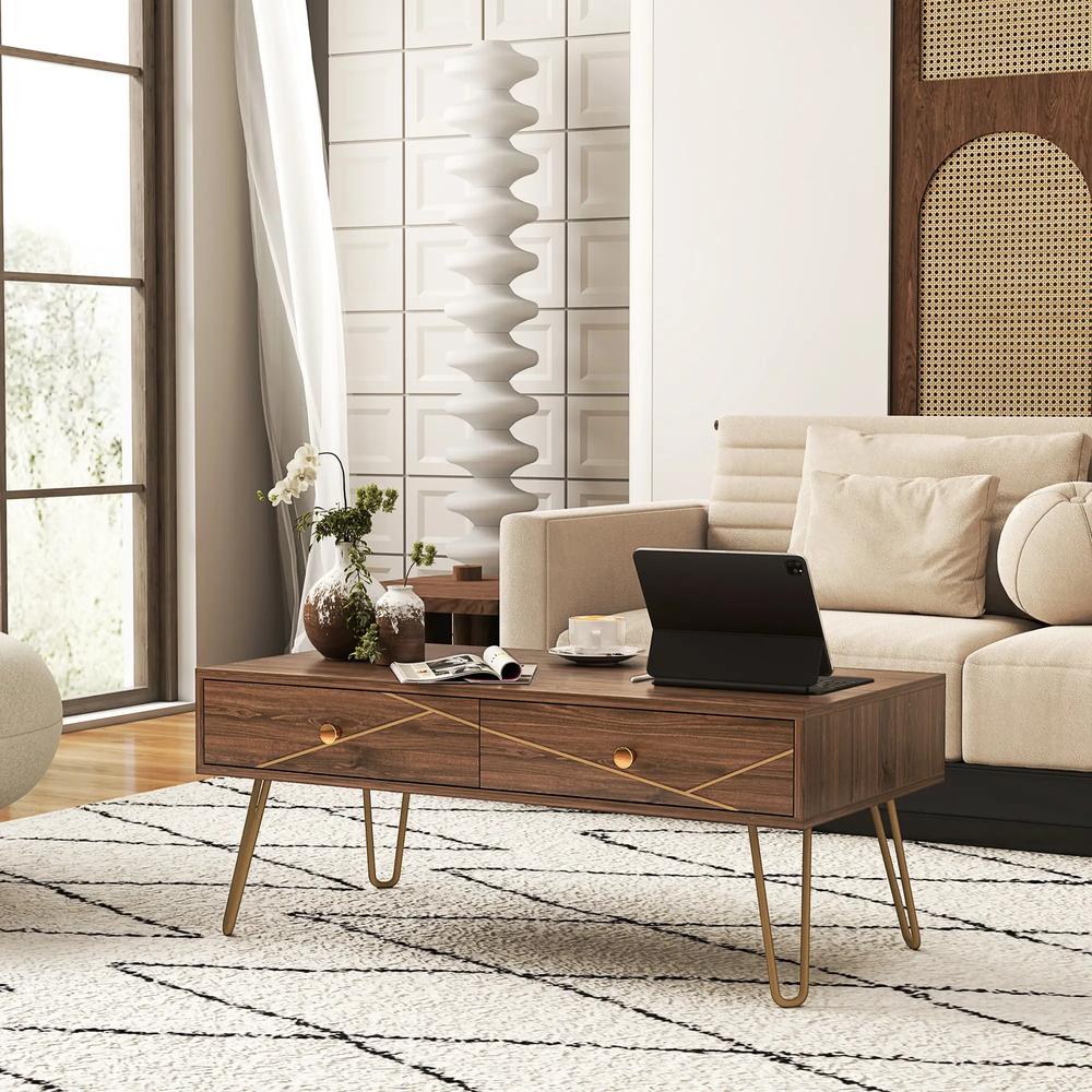 HOMCOM Coffee Table with Storage, Living Room Table with Drawers, Rectangular Tea Table with Steel Base for Home, 100 x 50 x 41 cm, Brown Additional View 2