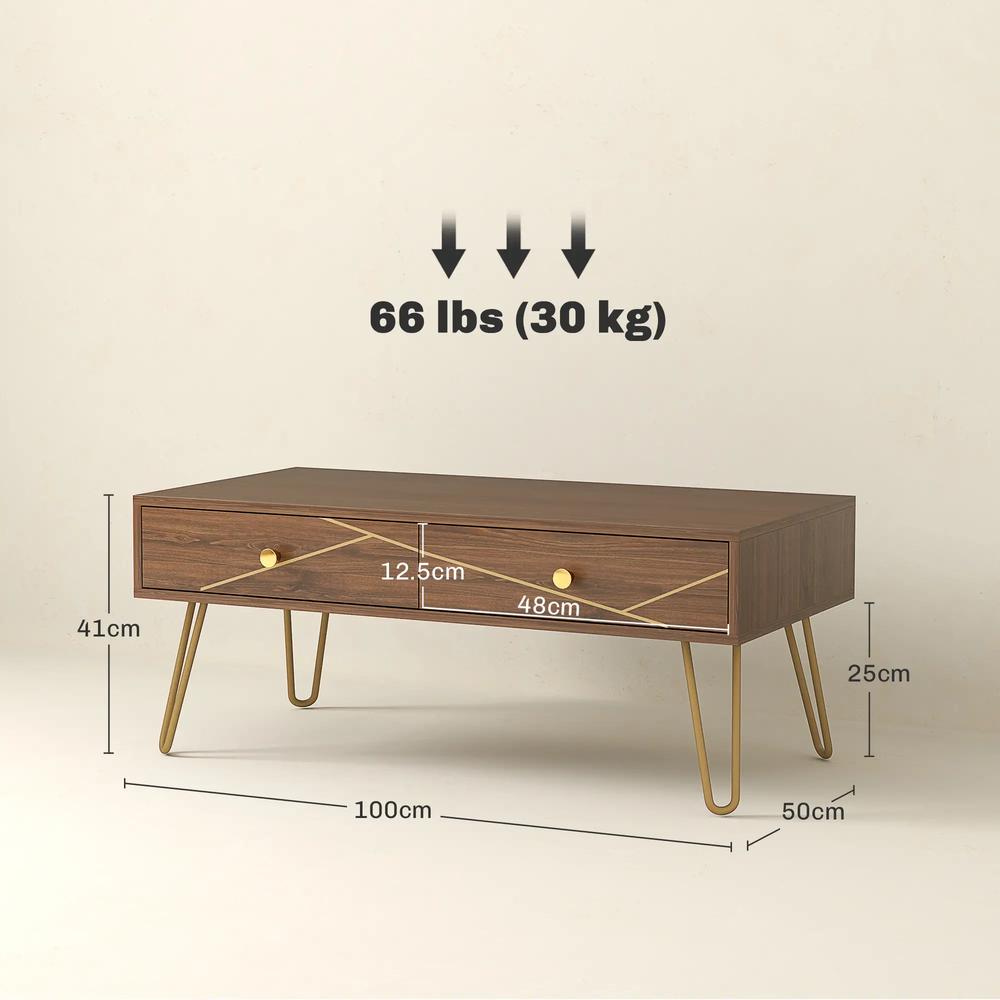HOMCOM Coffee Table with Storage, Living Room Table with Drawers, Rectangular Tea Table with Steel Base for Home, 100 x 50 x 41 cm, Brown Additional View 3
