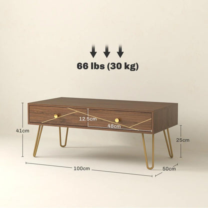 HOMCOM Coffee Table with Storage, Living Room Table with Drawers, Rectangular Tea Table with Steel Base for Home, 100 x 50 x 41 cm, Brown Additional View 3