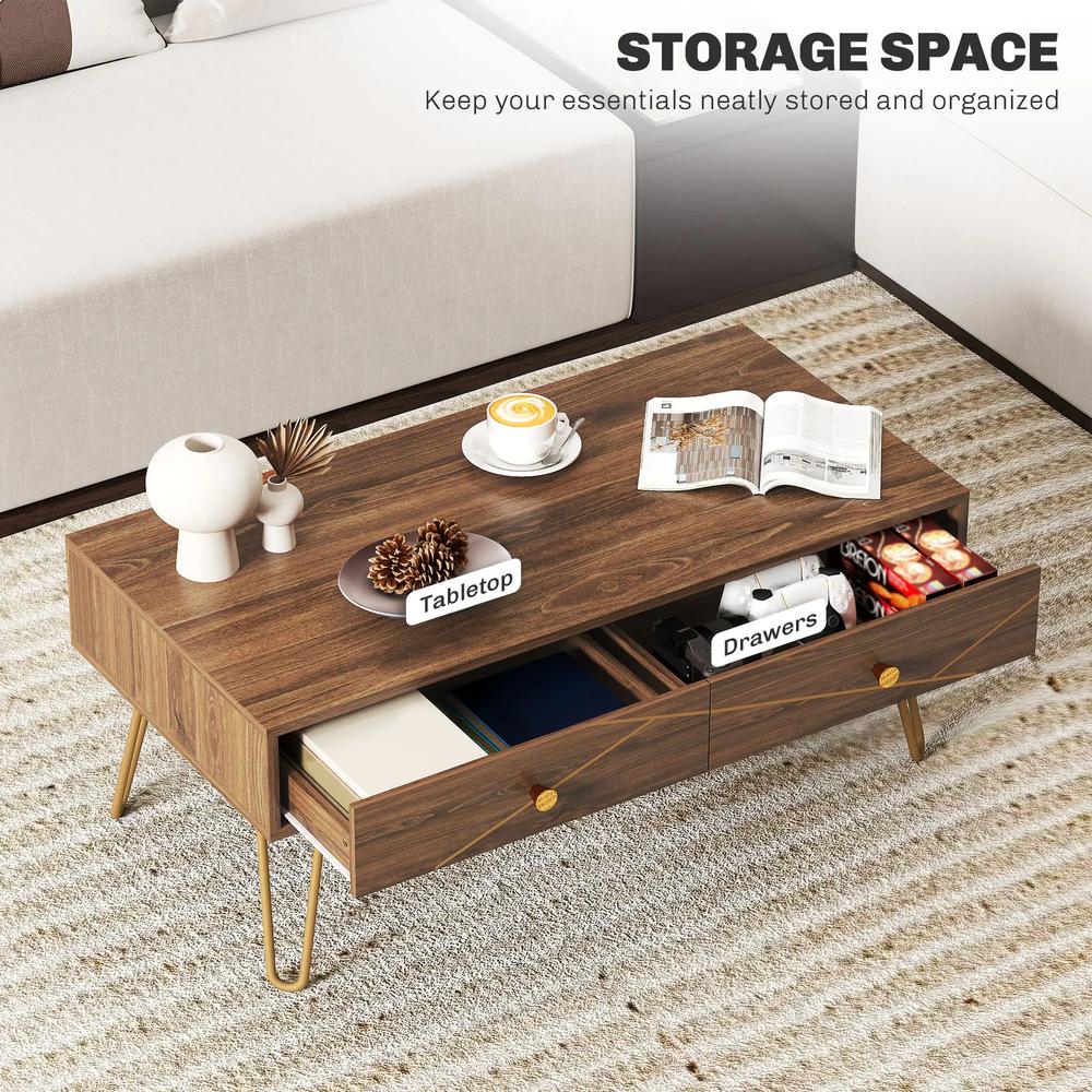 HOMCOM Coffee Table with Storage, Living Room Table with Drawers, Rectangular Tea Table with Steel Base for Home, 100 x 50 x 41 cm, Brown Additional View 5