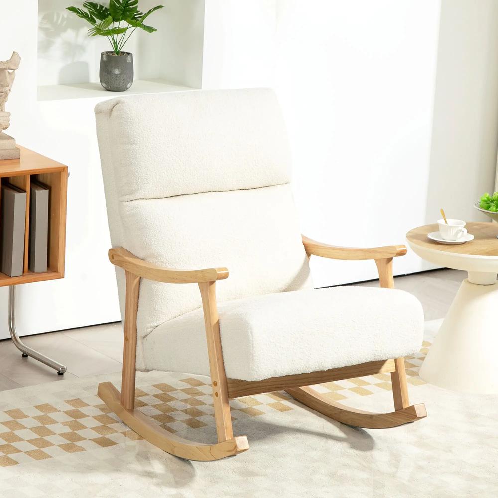 HOMCOM Upholstered Rocking Chair, Teddy Fleece Fabric, High Back, Armrests, Rubberwood Legs, Cream White Additional View 2
