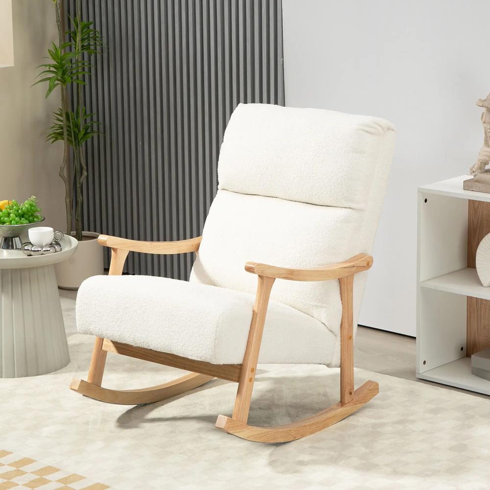 HOMCOM Upholstered Rocking Chair, Teddy Fleece Fabric, High Back, Armrests, Rubberwood Legs, Cream White Additional View 13