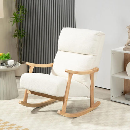 HOMCOM Upholstered Rocking Chair, Teddy Fleece Fabric, High Back, Armrests, Rubberwood Legs, Cream White Additional View 13