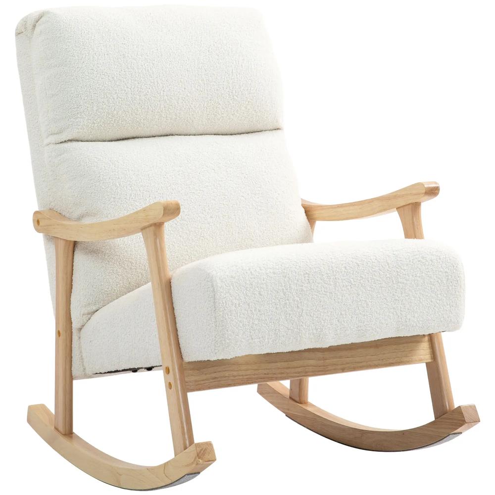 HOMCOM Upholstered Rocking Chair, Teddy Fleece Fabric, High Back, Armrests, Rubberwood Legs, Cream White Additional View 14