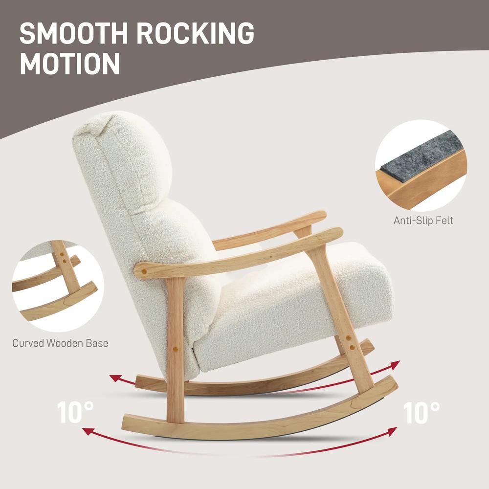 HOMCOM Upholstered Rocking Chair, Teddy Fleece Fabric, High Back, Armrests, Rubberwood Legs, Cream White Additional View 4