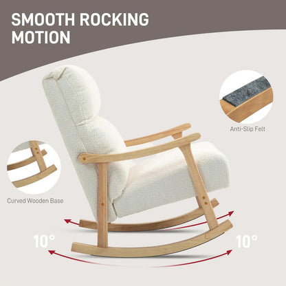 HOMCOM Upholstered Rocking Chair, Teddy Fleece Fabric, High Back, Armrests, Rubberwood Legs, Cream White Additional View 4