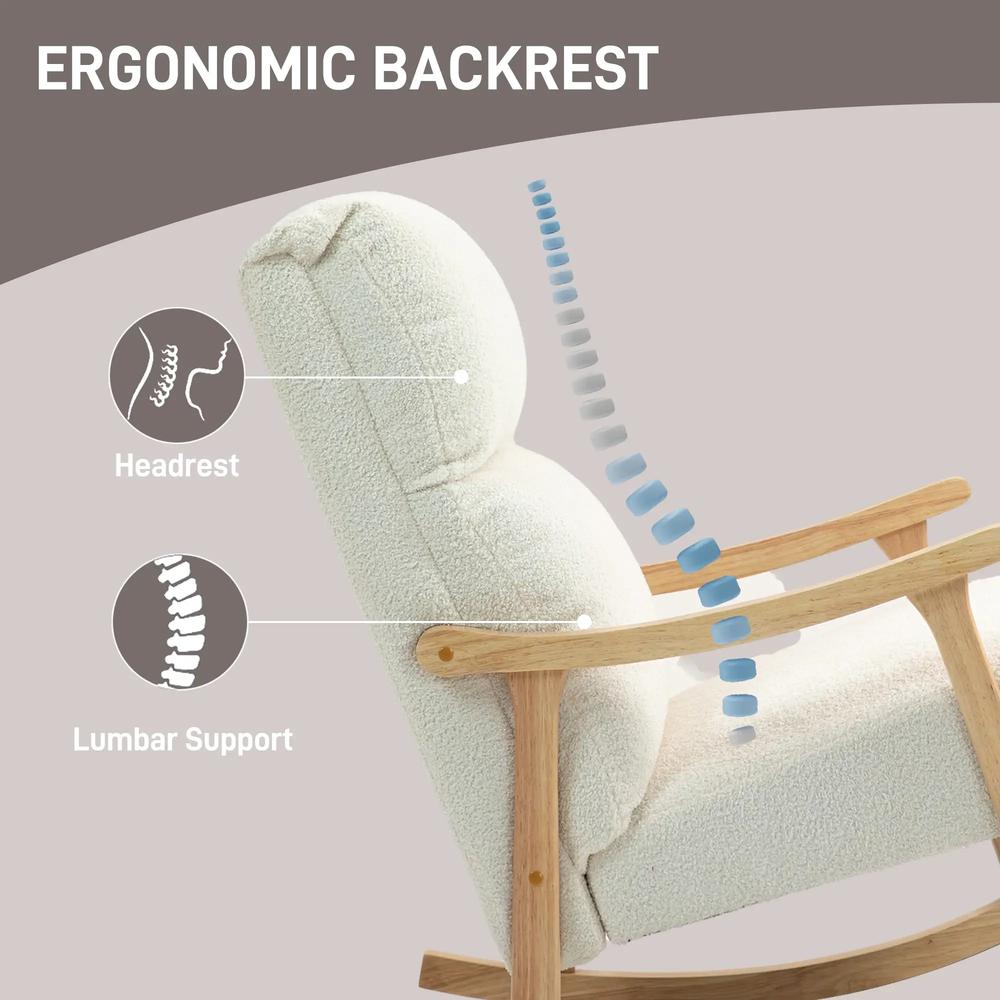 HOMCOM Upholstered Rocking Chair, Teddy Fleece Fabric, High Back, Armrests, Rubberwood Legs, Cream White Additional View 5