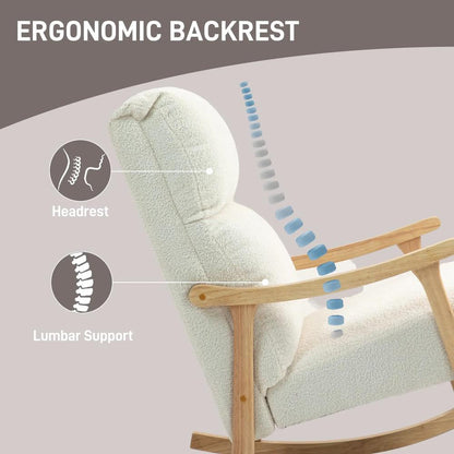 HOMCOM Upholstered Rocking Chair, Teddy Fleece Fabric, High Back, Armrests, Rubberwood Legs, Cream White Additional View 5