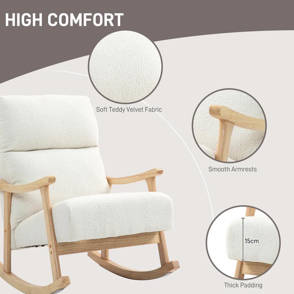HOMCOM Upholstered Rocking Chair, Teddy Fleece Fabric, High Back, Armrests, Rubberwood Legs, Cream White Additional View 6