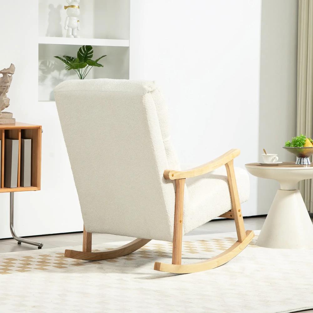 HOMCOM Upholstered Rocking Chair, Teddy Fleece Fabric, High Back, Armrests, Rubberwood Legs, Cream White Additional View 7