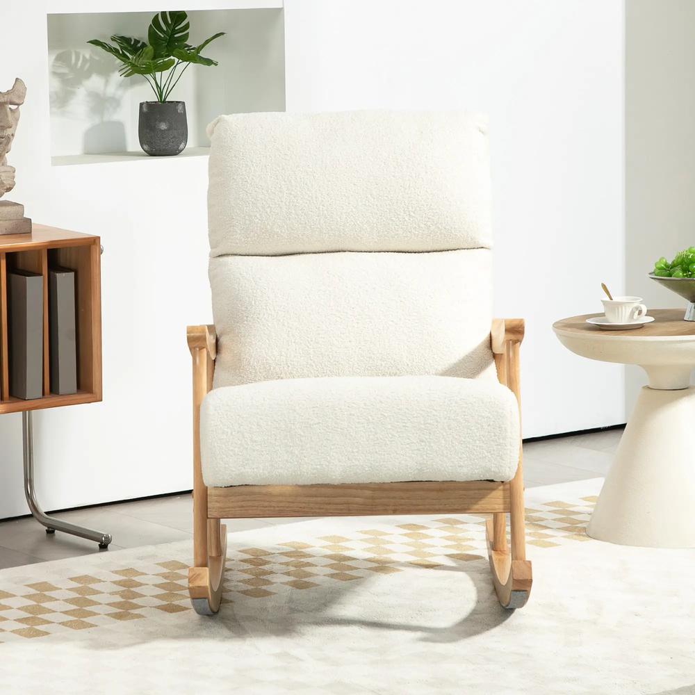 HOMCOM Upholstered Rocking Chair, Teddy Fleece Fabric, High Back, Armrests, Rubberwood Legs, Cream White Additional View 8