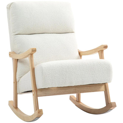 HOMCOM Upholstered Rocking Chair, Teddy Fleece Fabric, High Back, Armrests, Rubberwood Legs, Cream White