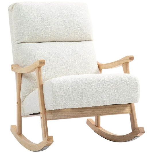 HOMCOM Upholstered Rocking Chair, Teddy Fleece Fabric, High Back, Armrests, Rubberwood Legs, Cream White