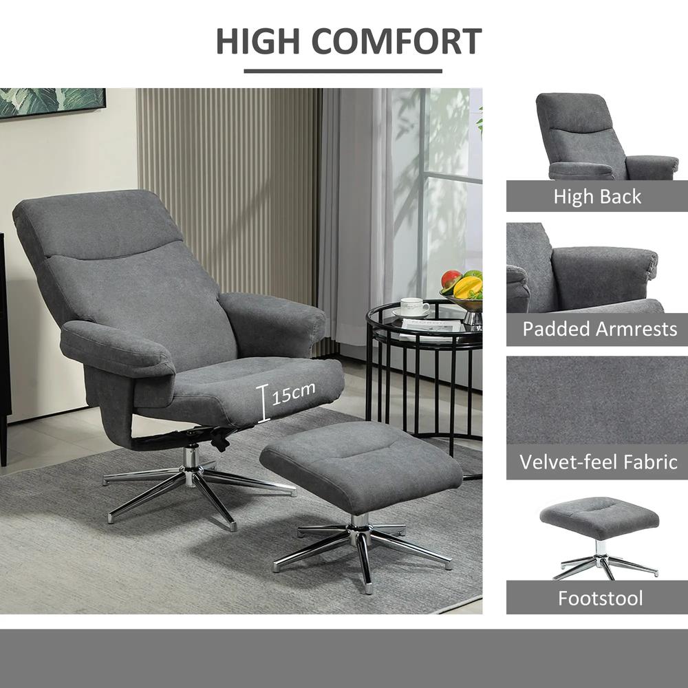 HOMCOM Velvet-Feel Recliner Chair and Ottoman - Dark Grey Additional View 5
