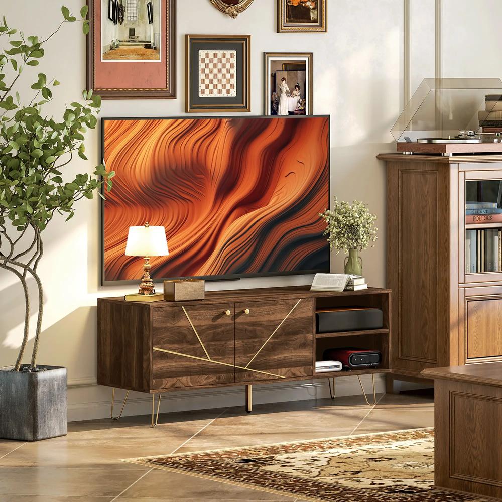 HOMCOM TV Stand Cabinet for up to 60 Inch TV, Modern 130cm TV Unit with Adjustable Shelves and Hairpin Legs, Double Door TV Cabinet for Living Room, Bedroom, Brown Additional View 2