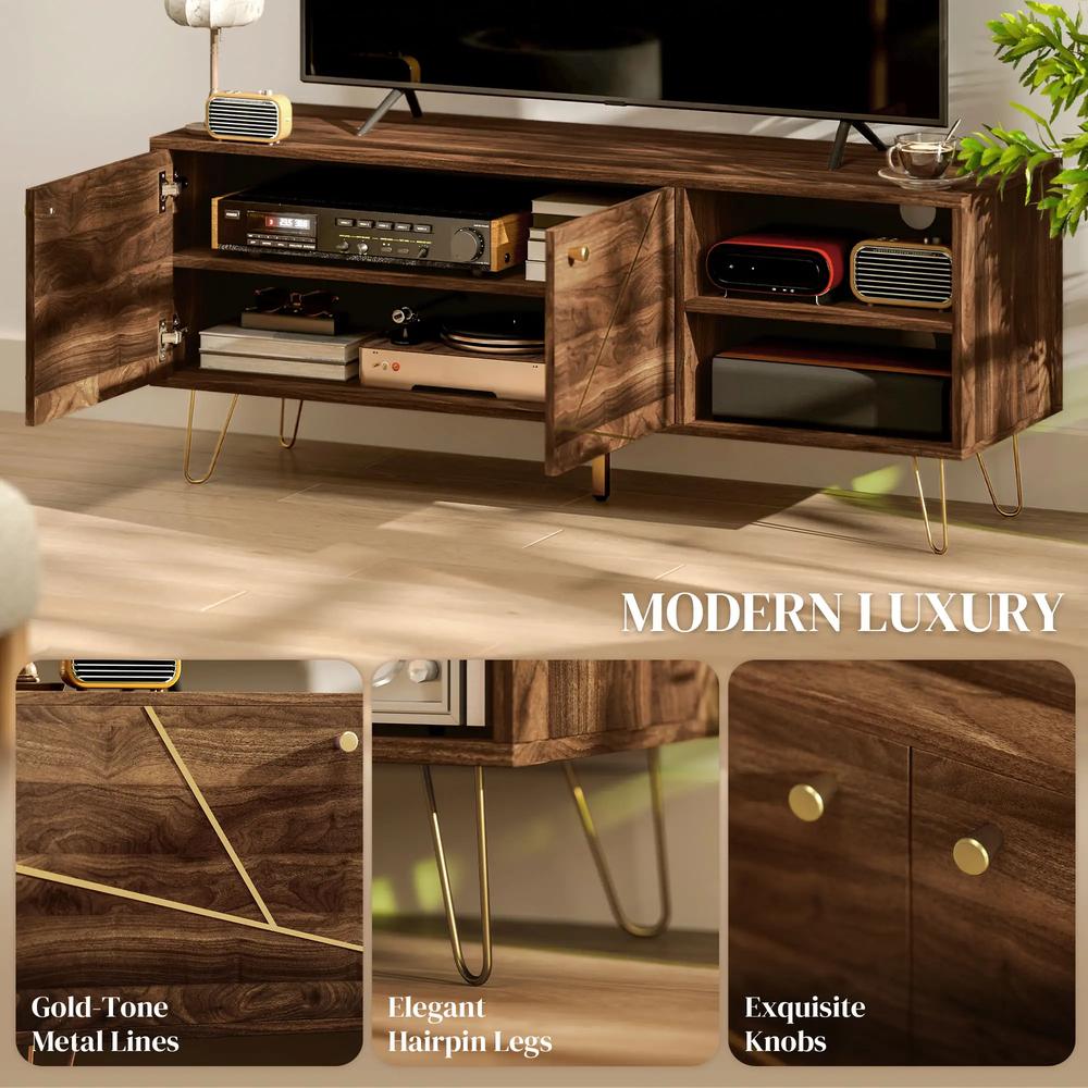 HOMCOM TV Stand Cabinet for up to 60 Inch TV, Modern 130cm TV Unit with Adjustable Shelves and Hairpin Legs, Double Door TV Cabinet for Living Room, Bedroom, Brown Additional View 4