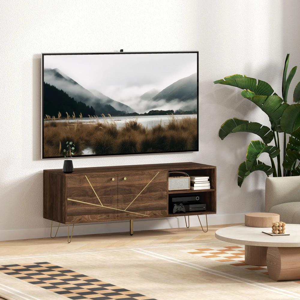 HOMCOM TV Stand Cabinet for up to 60 Inch TV, Modern 130cm TV Unit with Adjustable Shelves and Hairpin Legs, Double Door TV Cabinet for Living Room, Bedroom, Brown Additional View 8