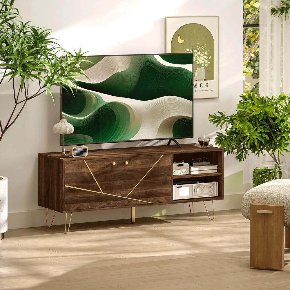HOMCOM TV Stand Cabinet for up to 60 Inch TV, Modern 130cm TV Unit with Adjustable Shelves and Hairpin Legs, Double Door TV Cabinet for Living Room, Bedroom, Brown Additional View 10
