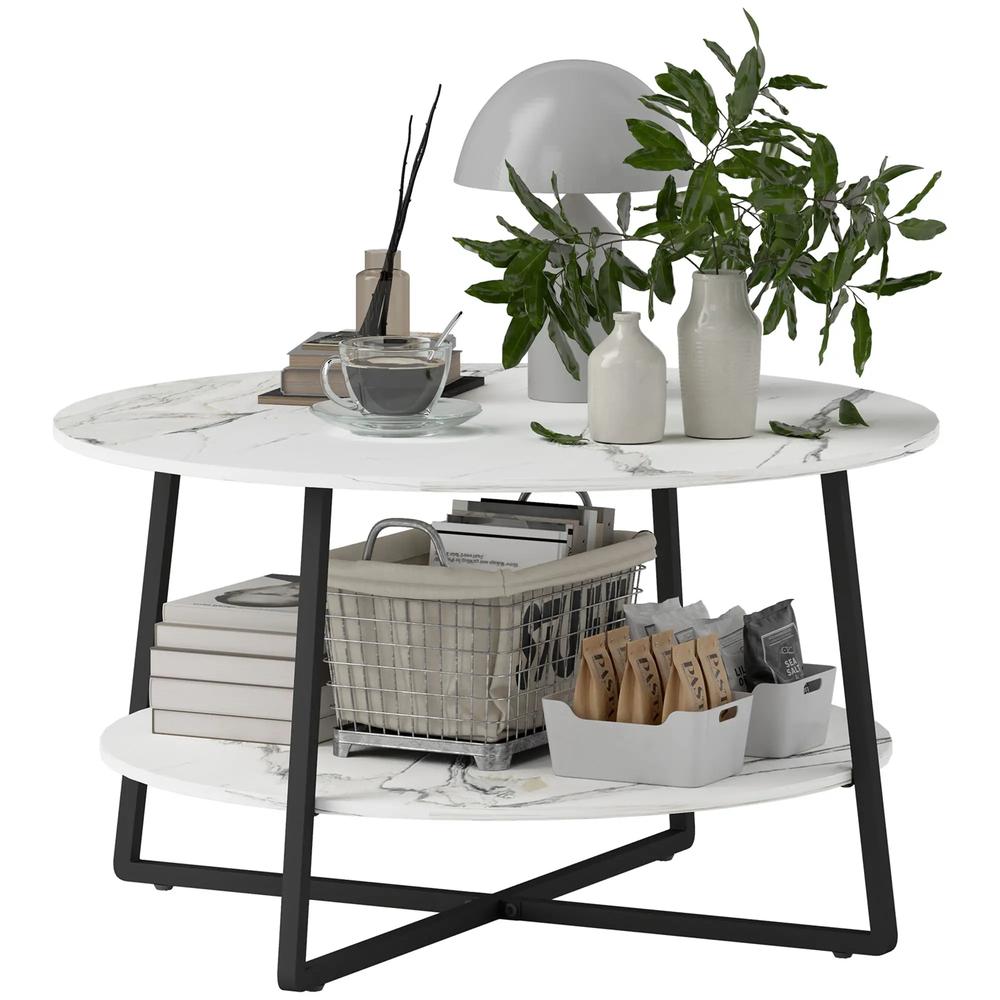 HOMCOM Two-Tier Marble-Effect Coffee Table - White/Black Additional View 11