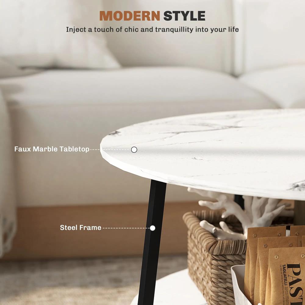 HOMCOM Two-Tier Marble-Effect Coffee Table - White/Black Additional View 5