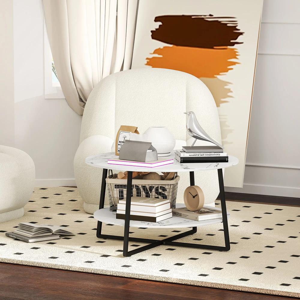 HOMCOM Two-Tier Marble-Effect Coffee Table - White/Black Additional View 7
