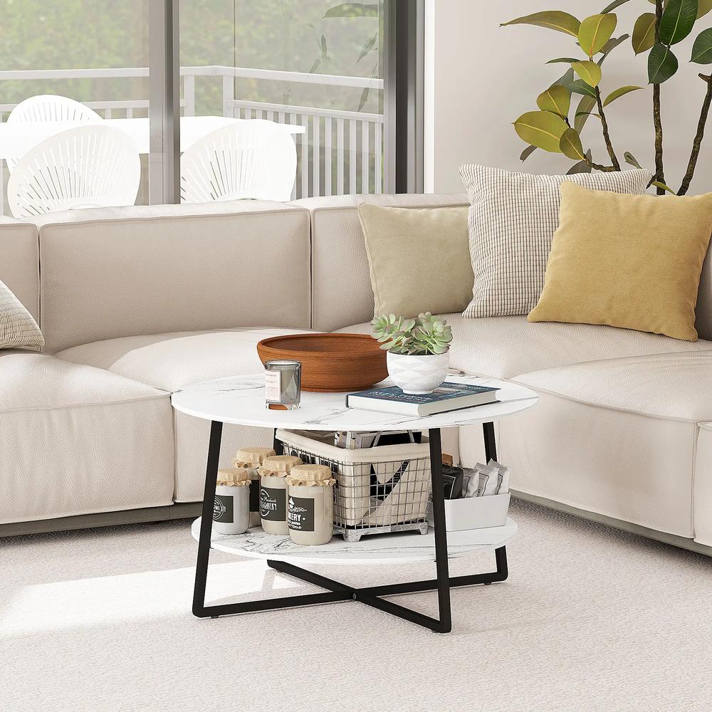 HOMCOM Two-Tier Marble-Effect Coffee Table - White/Black Additional View 8