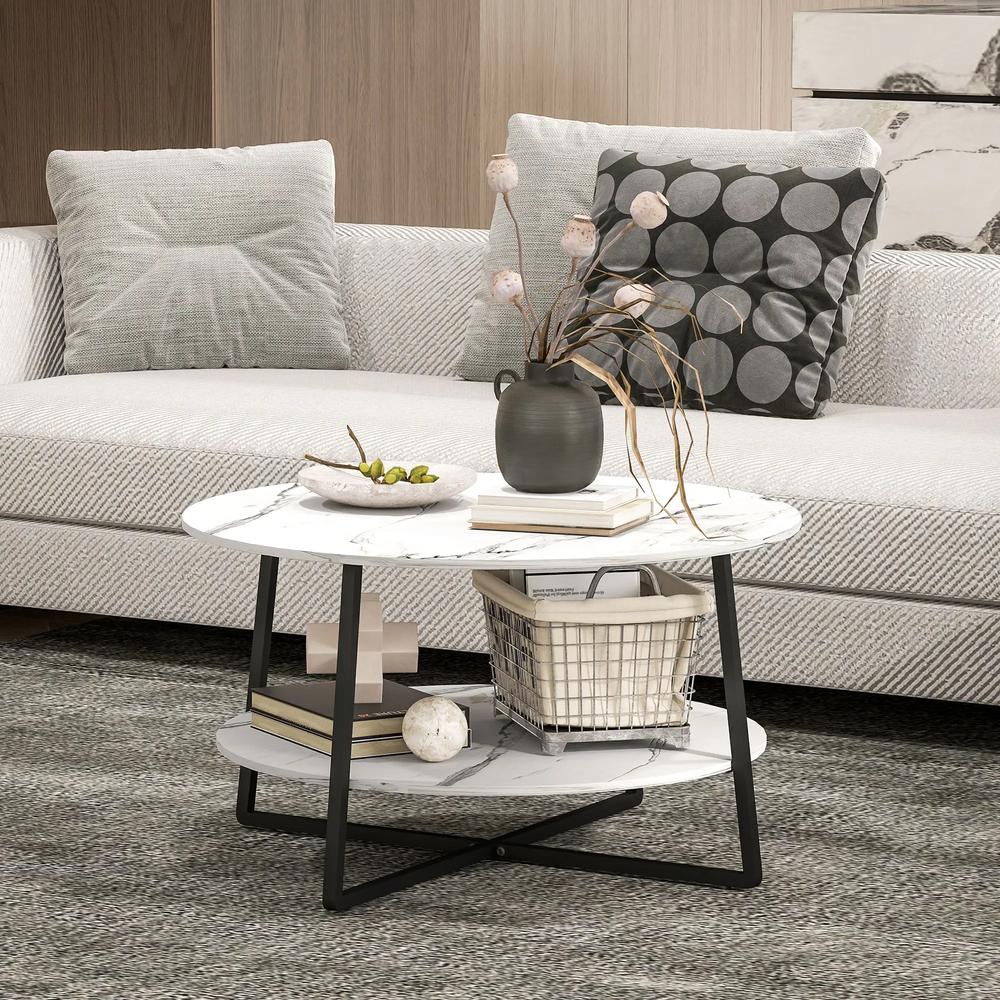 HOMCOM Two-Tier Marble-Effect Coffee Table - White/Black Additional View 9