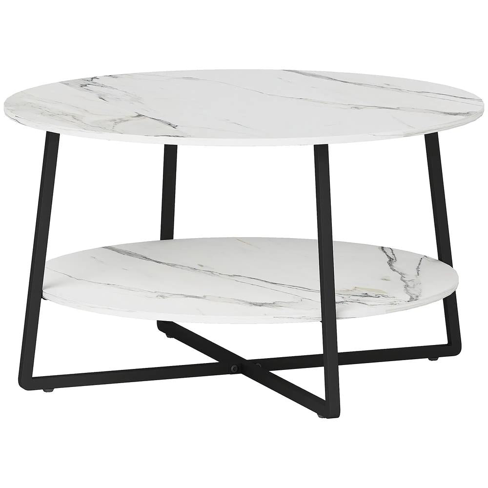 HOMCOM Two-Tier Marble-Effect Coffee Table - White/Black