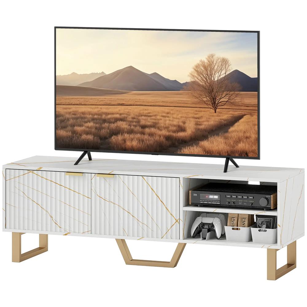 HOMCOM Marble Effect TV Unit, Modern TV Stand Cabinet for up to 70" TVs, with Shelves and Storage Cupboard, Fluted Door, Extra Centre Leg, Cable Management for Living Room Additional View 11