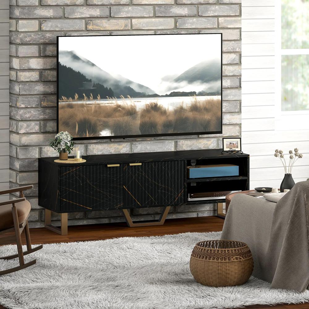 HOMCOM Marble Effect TV Unit, Modern TV Stand Cabinet for up to 70" TVs, with Shelves and Storage Cupboard, Fluted Door, Extra Centre Leg, Cable Management for Living Room Additional View 18