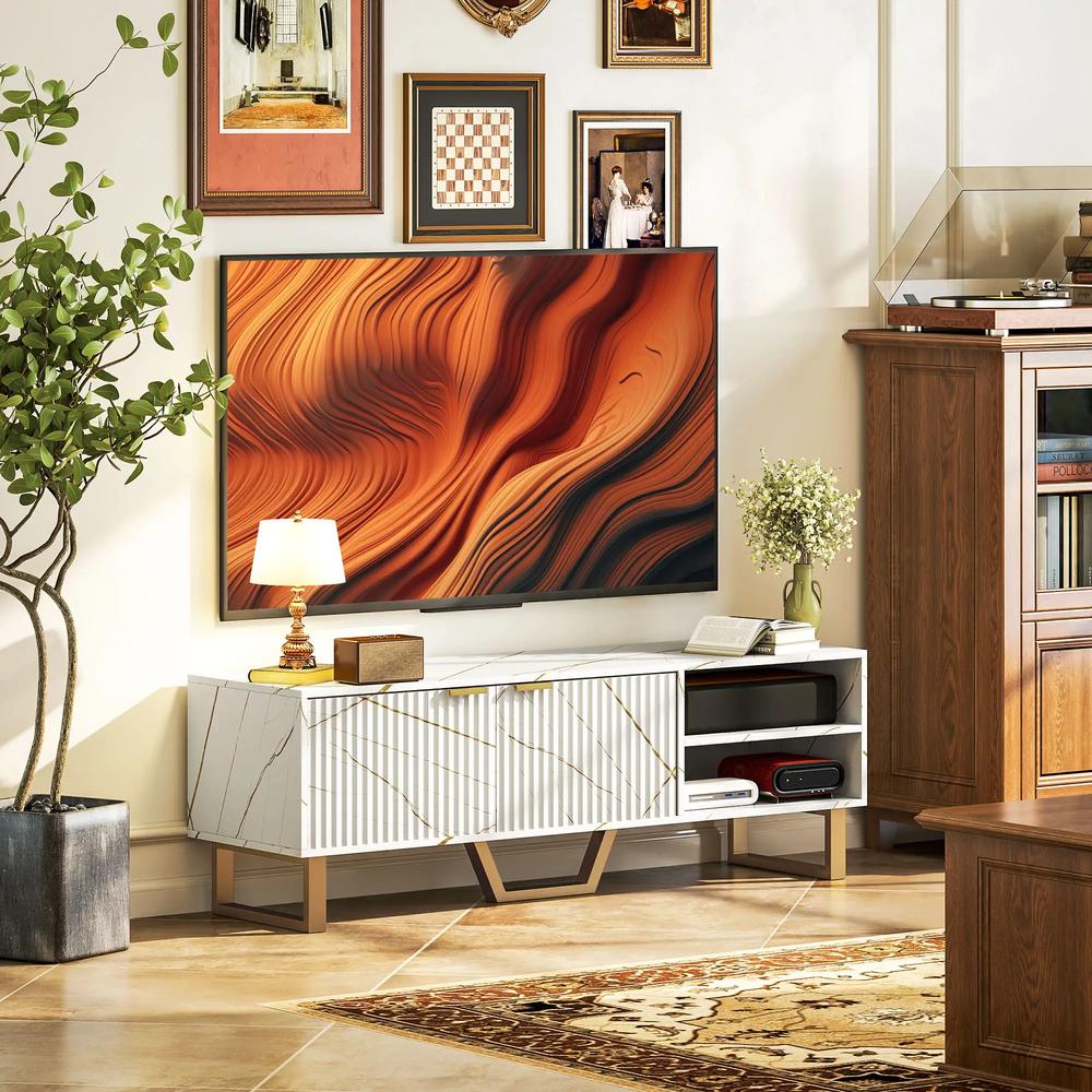 HOMCOM Marble Effect TV Unit, Modern TV Stand Cabinet for up to 70" TVs, with Shelves and Storage Cupboard, Fluted Door, Extra Centre Leg, Cable Management for Living Room Additional View 2
