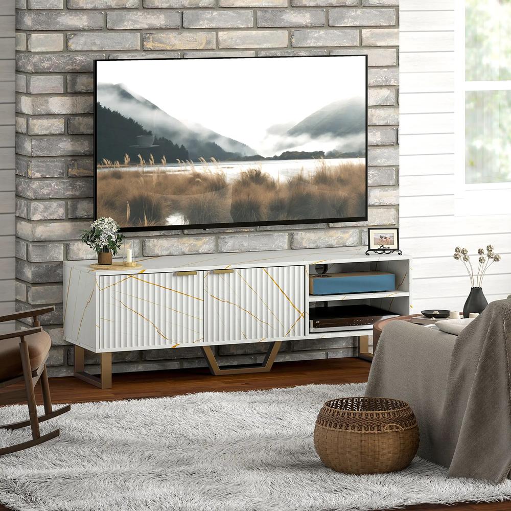 HOMCOM Marble Effect TV Unit, Modern TV Stand Cabinet for up to 70" TVs, with Shelves and Storage Cupboard, Fluted Door, Extra Centre Leg, Cable Management for Living Room Additional View 7