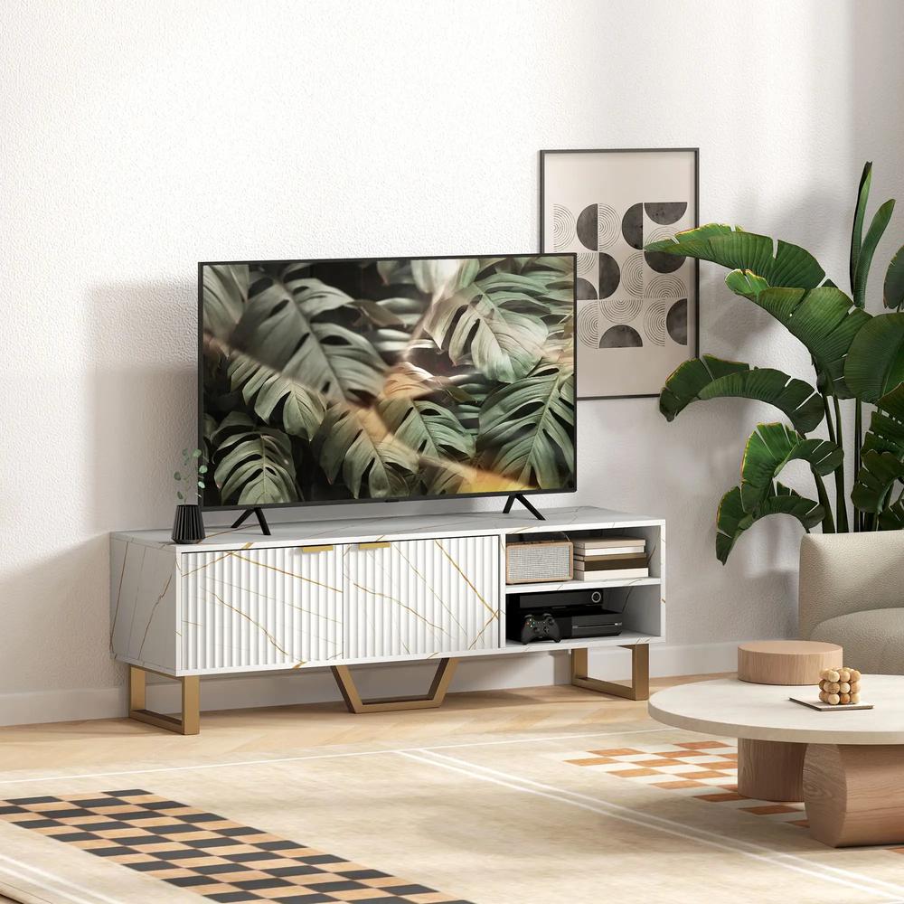HOMCOM Marble Effect TV Unit, Modern TV Stand Cabinet for up to 70" TVs, with Shelves and Storage Cupboard, Fluted Door, Extra Centre Leg, Cable Management for Living Room Additional View 8