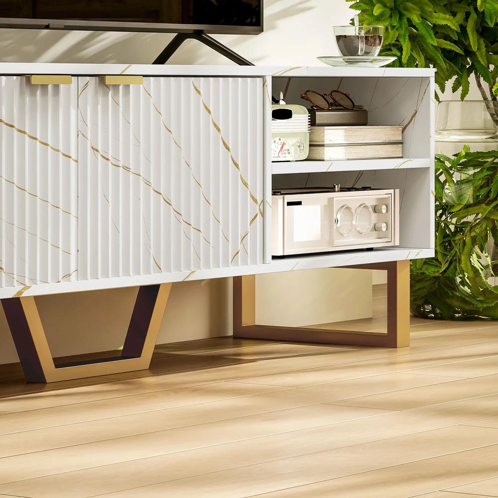 HOMCOM Marble Effect TV Unit, Modern TV Stand Cabinet for up to 70" TVs, with Shelves and Storage Cupboard, Fluted Door, Extra Centre Leg, Cable Management for Living Room Additional View 9