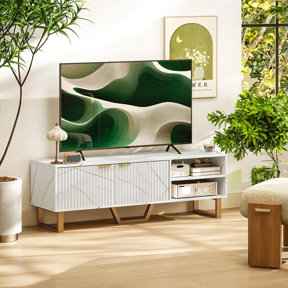 HOMCOM Marble Effect TV Unit, Modern TV Stand Cabinet for up to 70" TVs, with Shelves and Storage Cupboard, Fluted Door, Extra Centre Leg, Cable Management for Living Room Additional View 10