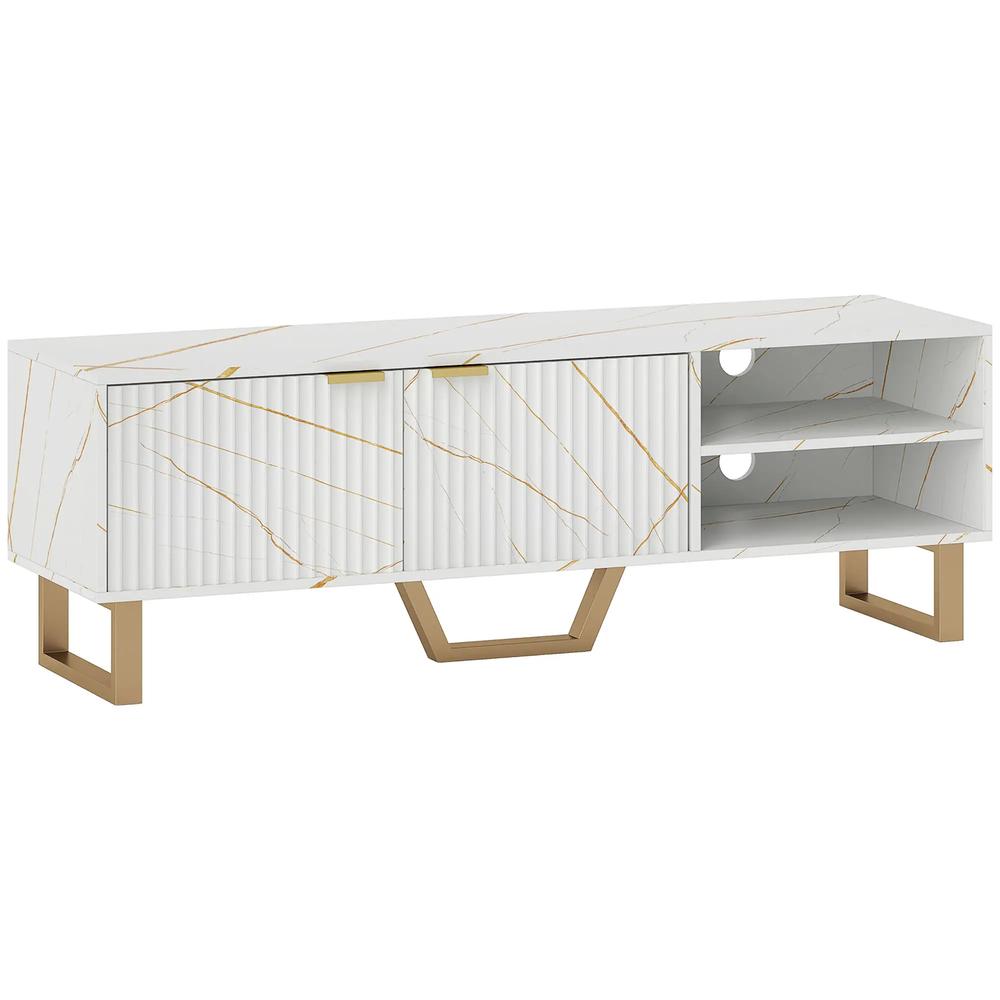 HOMCOM Marble Effect TV Unit, Modern TV Stand Cabinet for up to 70" TVs, with Shelves and Storage Cupboard, Fluted Door, Extra Centre Leg, Cable Management for Living Room