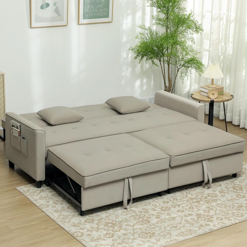 HOMCOM 3 Seater Velvet Sofa Bed, Convertible Pull-Out Sofa Bed with Adjustable Backrest, Space Saving Living Room Sofa, Beige Additional View 11