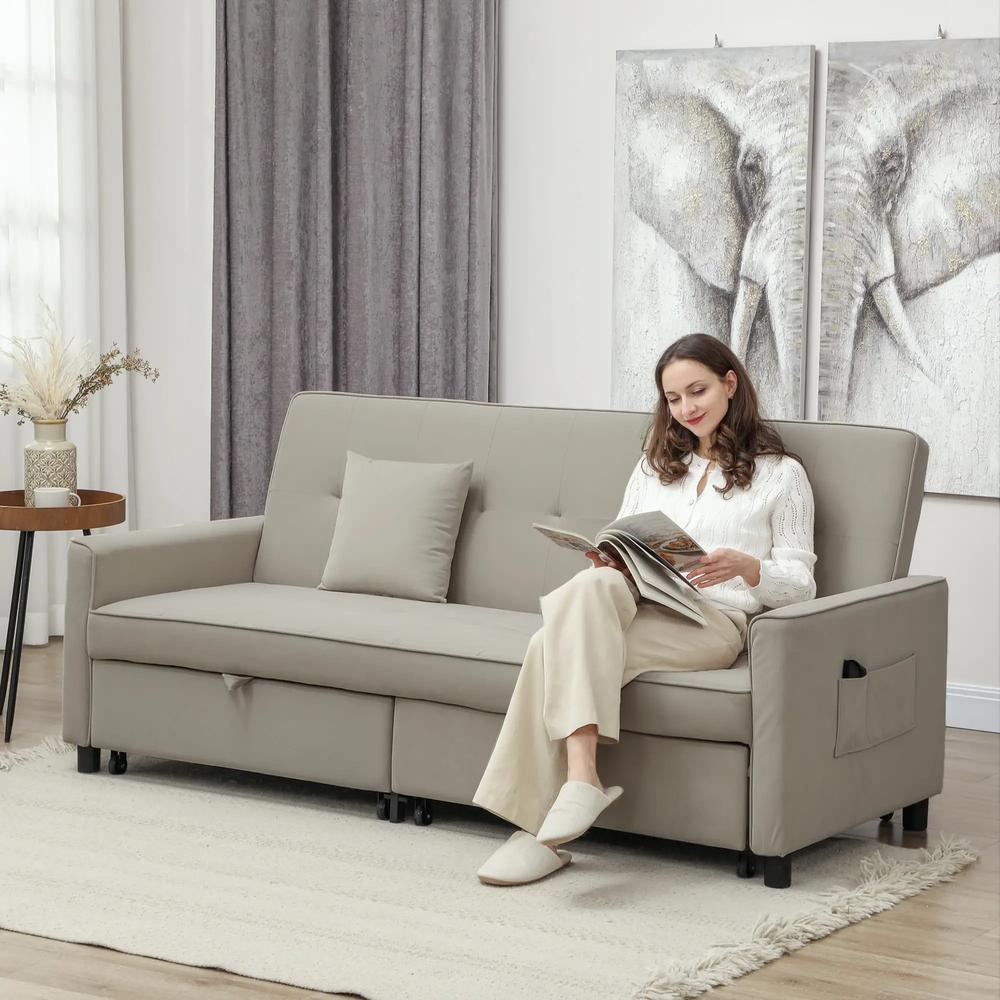 HOMCOM 3 Seater Velvet Sofa Bed, Convertible Pull-Out Sofa Bed with Adjustable Backrest, Space Saving Living Room Sofa, Beige Additional View 2