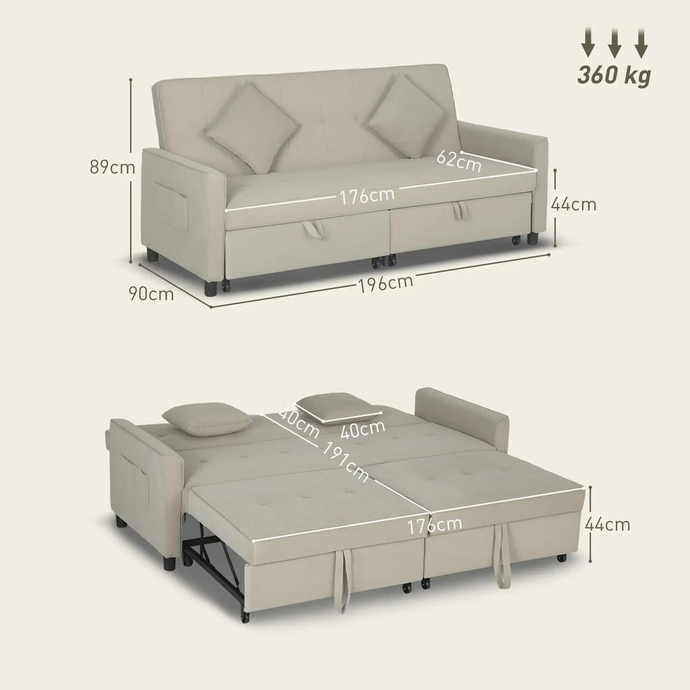 HOMCOM 3 Seater Velvet Sofa Bed, Convertible Pull-Out Sofa Bed with Adjustable Backrest, Space Saving Living Room Sofa, Beige Additional View 3