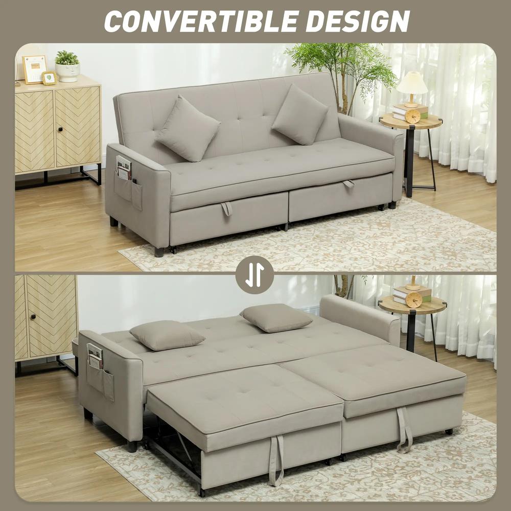 HOMCOM 3 Seater Velvet Sofa Bed, Convertible Pull-Out Sofa Bed with Adjustable Backrest, Space Saving Living Room Sofa, Beige Additional View 4