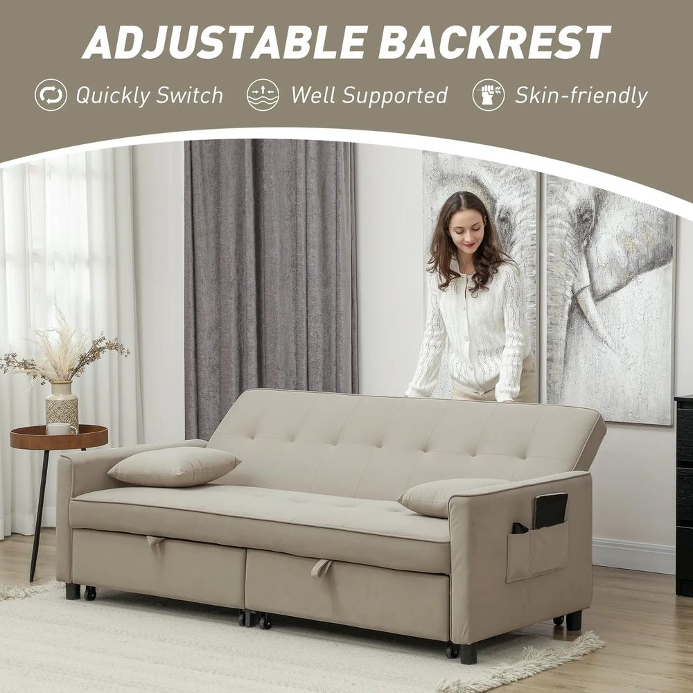 HOMCOM 3 Seater Velvet Sofa Bed, Convertible Pull-Out Sofa Bed with Adjustable Backrest, Space Saving Living Room Sofa, Beige Additional View 6