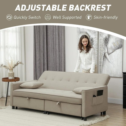 HOMCOM 3 Seater Velvet Sofa Bed, Convertible Pull-Out Sofa Bed with Adjustable Backrest, Space Saving Living Room Sofa, Beige Additional View 6