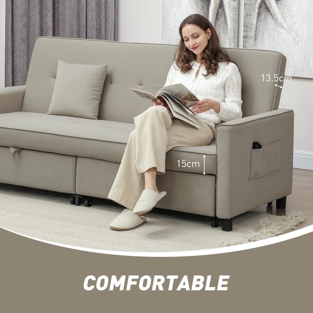 HOMCOM 3 Seater Velvet Sofa Bed, Convertible Pull-Out Sofa Bed with Adjustable Backrest, Space Saving Living Room Sofa, Beige Additional View 7