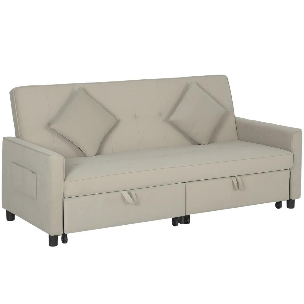 HOMCOM 3 Seater Velvet Sofa Bed, Convertible Pull-Out Sofa Bed with Adjustable Backrest, Space Saving Living Room Sofa, Beige