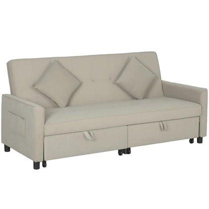 HOMCOM 3 Seater Velvet Sofa Bed, Convertible Pull-Out Sofa Bed with Adjustable Backrest, Space Saving Living Room Sofa, Beige