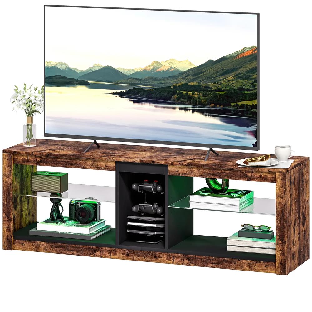 HOMCOM TV Stand Cabinet with LED Lights and Remote Control for TVs up to 65", Entertainment Centre with Storage Shelves and Compartment, Rustic Brown Additional View 11