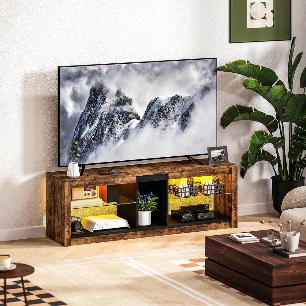 HOMCOM TV Stand Cabinet with LED Lights and Remote Control for TVs up to 65", Entertainment Centre with Storage Shelves and Compartment, Rustic Brown Additional View 2