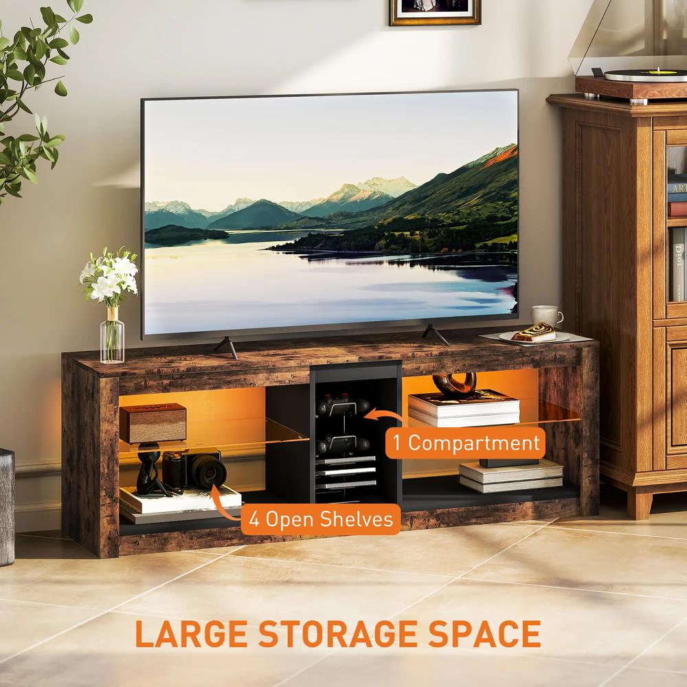 HOMCOM TV Stand Cabinet with LED Lights and Remote Control for TVs up to 65", Entertainment Centre with Storage Shelves and Compartment, Rustic Brown Additional View 5