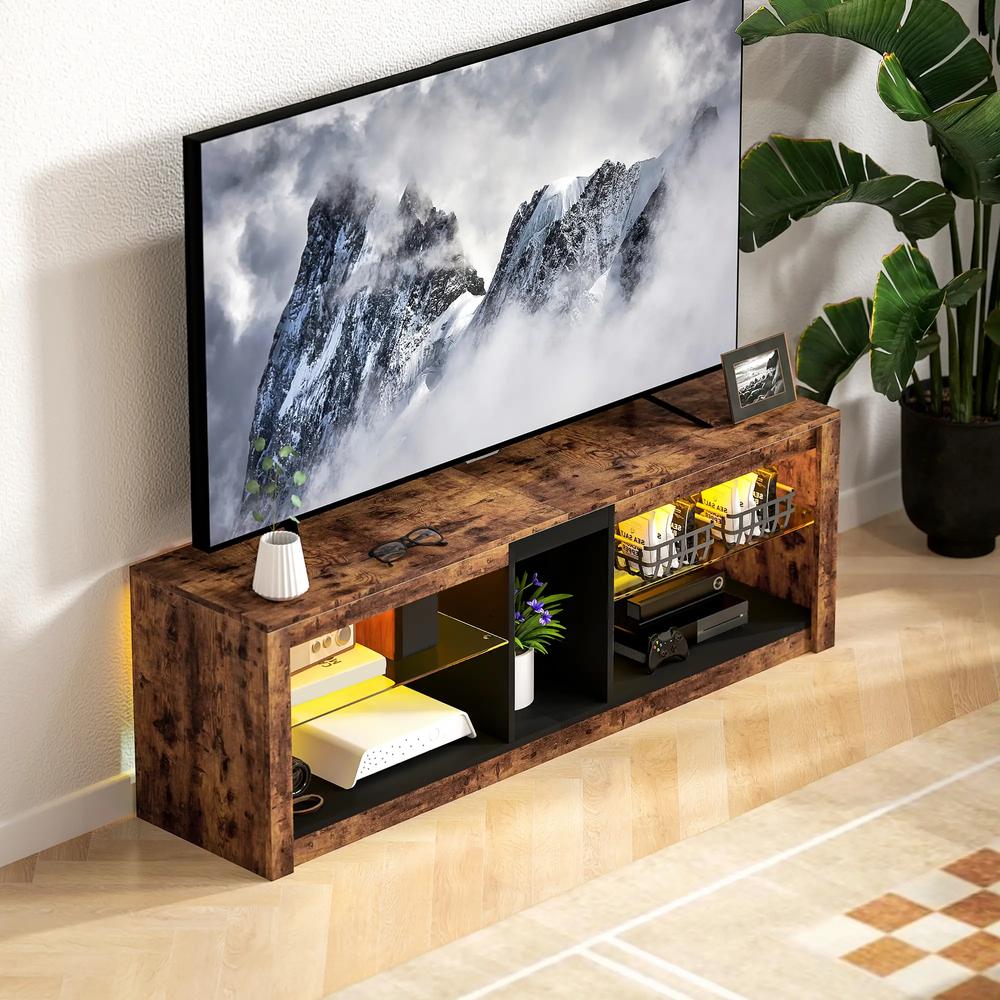 HOMCOM TV Stand Cabinet with LED Lights and Remote Control for TVs up to 65", Entertainment Centre with Storage Shelves and Compartment, Rustic Brown Additional View 6